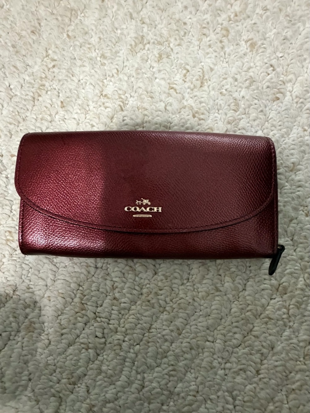 Coach Burgundy Leather Zip Wallet with Gold Logo